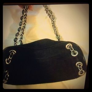 Black Swede leather handbag with chain handles